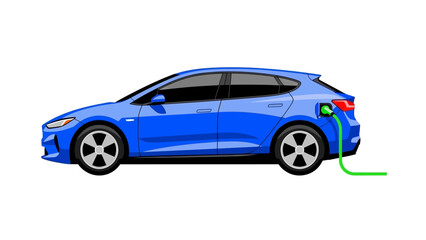 Blue electric car charging on white background