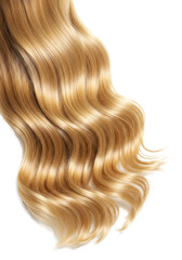 Golden blonde voluminous wavy hair, luminous shine and defined curls, against a seamless transparent background with copy space, concept for premium beauty advertising