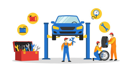 Car Repair Service: Mechanics Fixing Auto on Lift with Tools