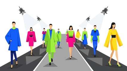 Fashion show catwalk with models walking and spotlights