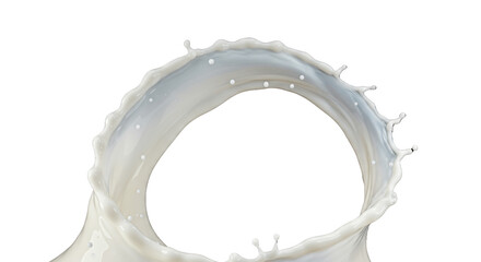 Dynamic arcing splash of transparent opaque milk, frozen mid-air with intricate fluid dynamics and scattering droplets on a deep black studio background, refreshing purity concept