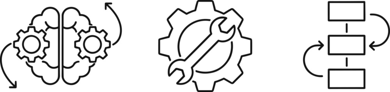 Set of black linear icons featuring a brain with gears for logic and artificial intelligence a wrench inside a gear for technical repair and a vertical flowchart for organizational process.