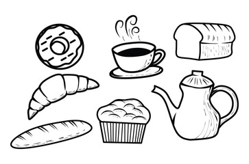 hand drawn bakery food and coffe line art illustration