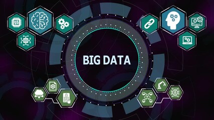 Big data concept with circular digital interface and technology icons representing large scale analytics, processing, storage, and insights. - Powered by Adobe