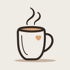 Minimalist white coffee mug illustration with a small heart and steam on beige background.