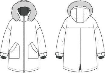 Winter parka jacket front back view, technical fashion sketch, hooded coat illustration, garment design template, flat vector drawing © Creative _design