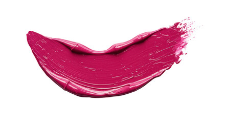 A thick, vibrant, glossy deep magenta lipstick swatch with delicate brush marks, subtle wet sheen, and elegant curve, on a transparent background with copy space, luxury product texture concept