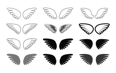 Hand Drawn Angel and Bird Wings Vector Collection in Outline and Silhouette Styles