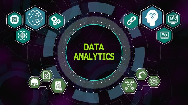 Data analytics concept with circular digital interface and technology icons showing insights, metrics, reporting, and intelligent analysis systems.