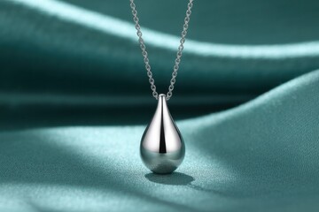 Silver teardrop pendant necklace on teal satin fabric metal
