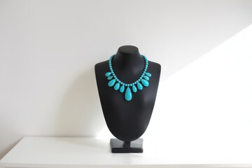 Turquoise beaded necklace with teardrop pendants on black mannequin turquoise necklace