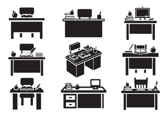 Set of Teacher desk icon, Teacher desk silhouette vector