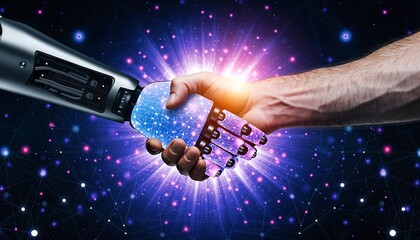 human hand and robotic hand touching with glowing blue connection in space with stars and purple light