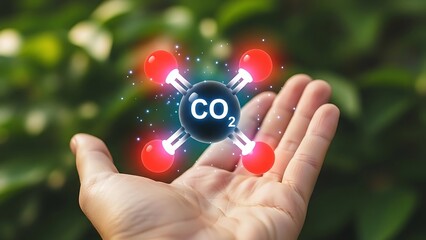 Hand holding a glowing CO2 molecule model in a lush green environment
