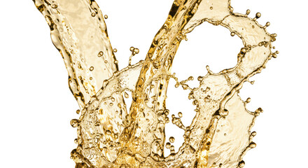 Dynamic streams of radiant golden water and countless droplets splashing, frozen in motion against a transparent background with copy space, concept for advertising.