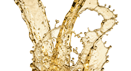Dynamic streams of radiant golden water and countless droplets splashing, frozen in motion against a transparent background with copy space, concept for advertising.