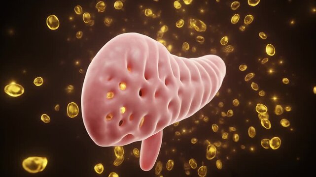 3D animation of a rotating human pancreas with golden droplets