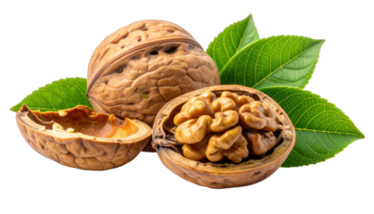 A cracked walnut revealing the kernel, with whole nuts and vibrant green leaves