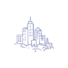 Fototapeta premium A minimalist line drawing depicts a skyline of buildings, with foliage at the base