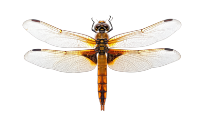 Macro, overhead view of a colorful dragonfly on a black background, wings spread
