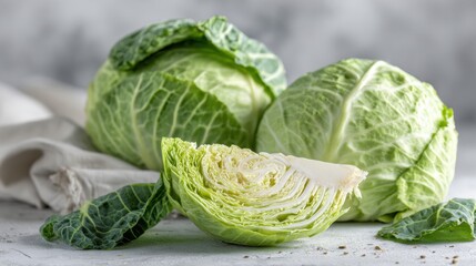 Fototapeta premium Fresh Cabbage and Simple Ingredients Arranged in a Modern Flat Lay With Clean Styling and Natural Shadows
