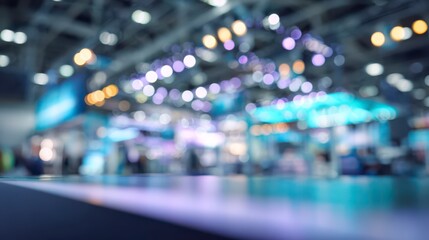 Obraz premium Blurred exhibition in progress: An abstract captures the essence of a lively, engaging convention space. lights and exhibition with soft, diffused focus and vivid color.