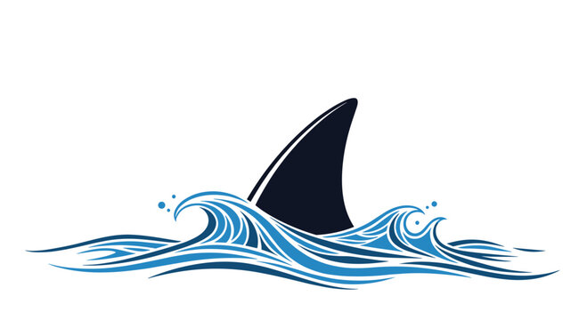 Dark shark fin emerges from stylized blue ocean waves with white sea foam in a bold and dramatic aquatic wildlife vector illustration art.