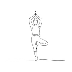 Minimalist line art depicting a woman gracefully performing a tree pose yoga