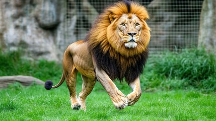 Obraz premium Majestic lion running across green grassland wildlife photography