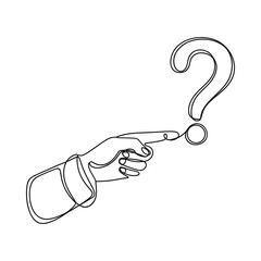 A hand pointing towards a question mark in a continuous line drawing