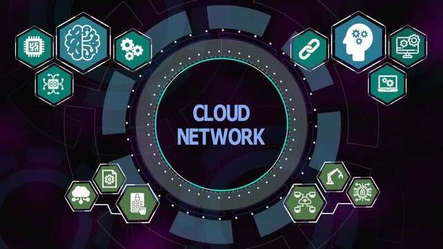 Cloud network concept with circular digital interface and technology icons representing connectivity, data exchange, and distributed systems.