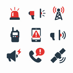 Emergency communication icons: megaphone, alert, phone, satellite signals