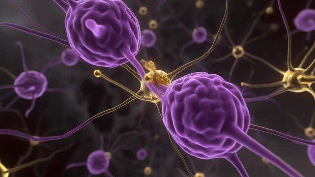 Microscopic view of neurons and microglia interacting, brain cell communication