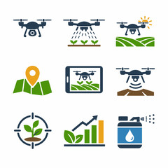 Agricultural drone technology and precision farming icons set