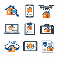 Real estate technology icons: drone, mobile, laptop, virtual tour, inspection tools