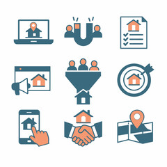 Real estate marketing icons set with house, magnet, funnel, and handshake illustrations
