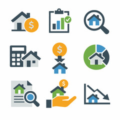 Real estate and finance icons set for investment and property management