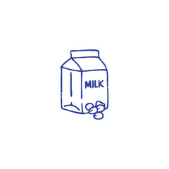 A blue ink drawing of a milk carton with "MILK" on it and some berries beneath