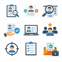 Employee recruitment icons: profiles, evaluation, verification, approval features