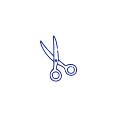 Simple blue outline of scissors, open and angled, on a stark white background