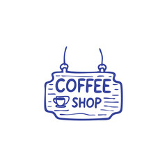 A blue-lined coffee shop sign on a white background, hanging by two loops