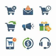 E-commerce and communication icons: shopping carts, email alerts, discounts, online shopping