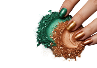 Extreme close-up of a well-manicured female hand with smooth neutral skin, glittery emerald-green and golden-bronze nails above sparkling cosmetic pigment, matte black background, luxury beauty