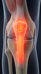 A highly detailed medical illustration of a human knee joint, showcasing anatomical elements and highlighting the site of pain, the image underscores the complex structure and function of the knee.