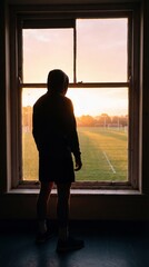 A solitary figure stands silhouetted by the window, gazing upon the serene vista of a sports field illuminated by the soft glow of the dawn sky, embracing moment of contemplation.