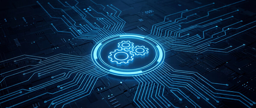 Glowing gears icon on a futuristic blue digital circuit board background. Concept of industrial automation, artificial intelligence, engineering and system integration technology. - Powered by Adobe