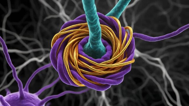 Microscopic view of an oligodendrocyte wrapping a nerve fiber with myelin