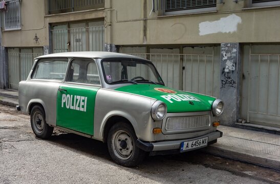Vintage German Polize Trabant 601 Universal Polizei retro estate car parked on street