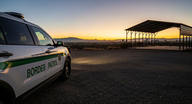 A border patrol vehicle sits parked on a gravel lot overlooking a sprawling illuminated city skyline during a vibrant desert sunset