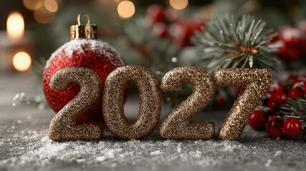 Golden glitter 2027 numbers with festive christmas decorations